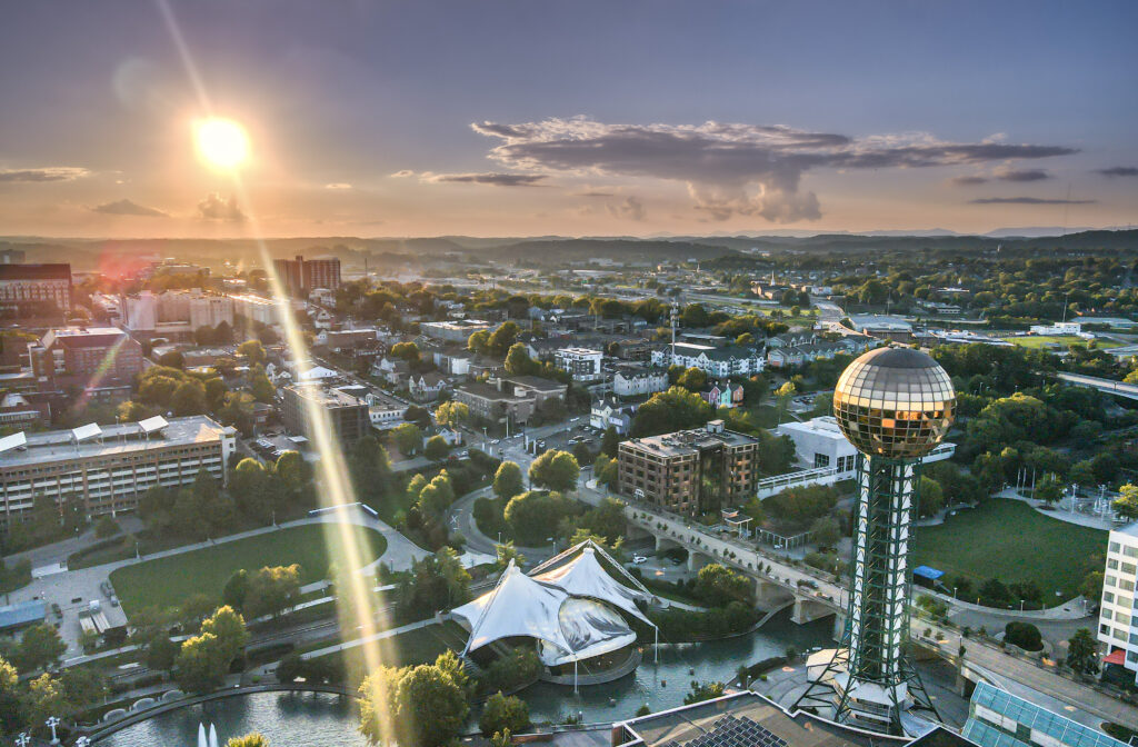 Smoky Mountain Drone Company shot of Knoxville Sunsphere
