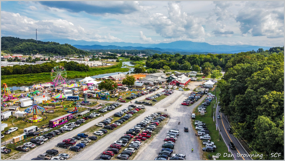 drone view of the Sevier County Fair including the Smoky Mountains in the background