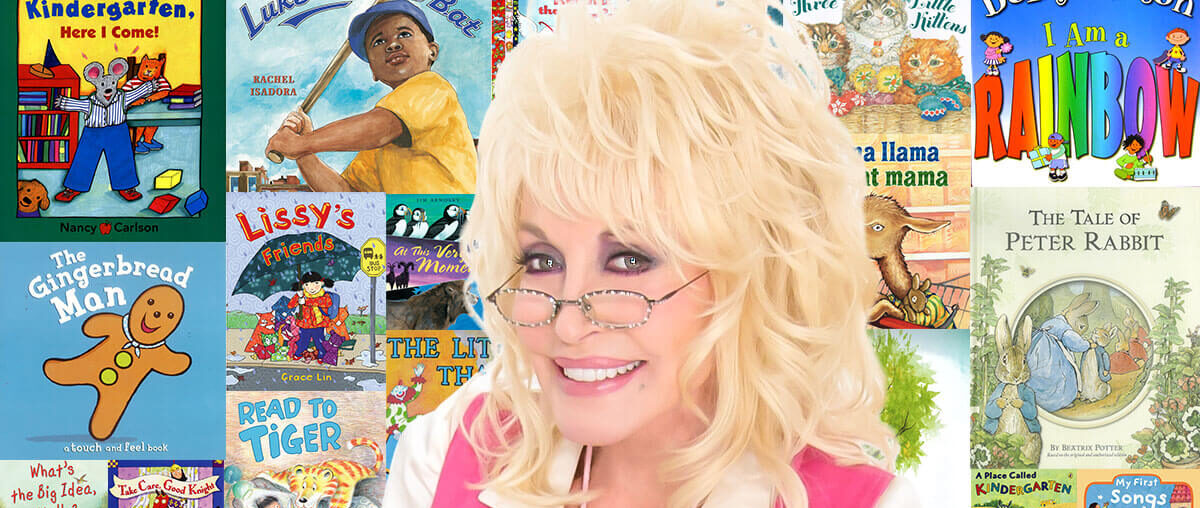 Dolly Parton in front of pictures of children and books from the Imagination Library