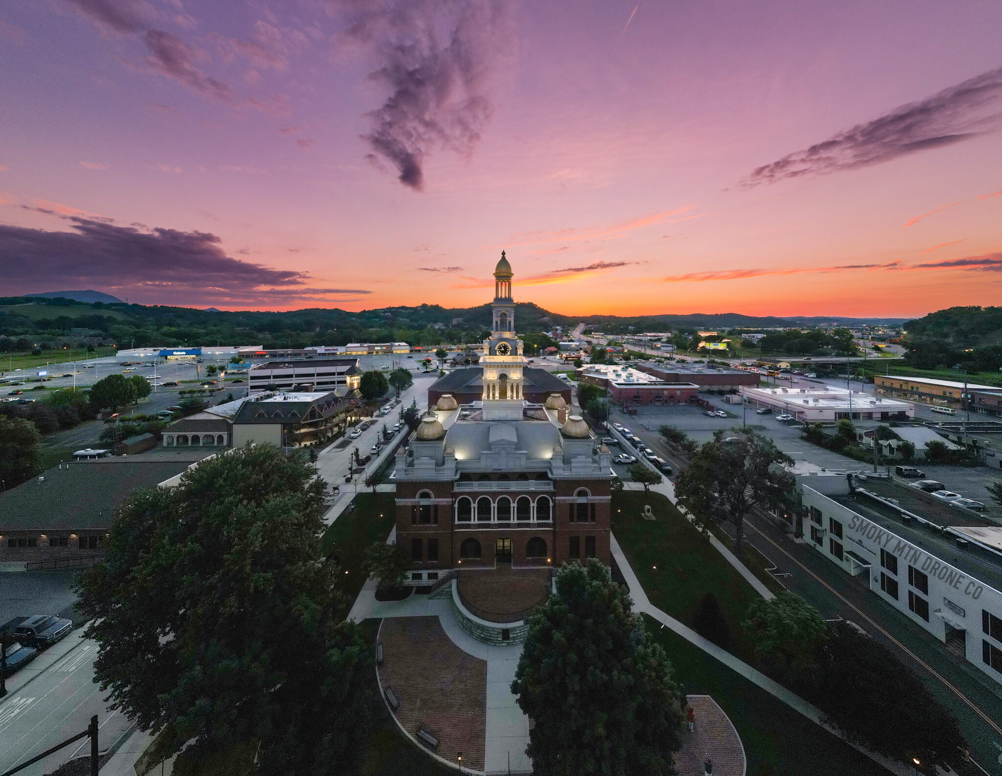 Drone picture of downtown Sevierville at sunset